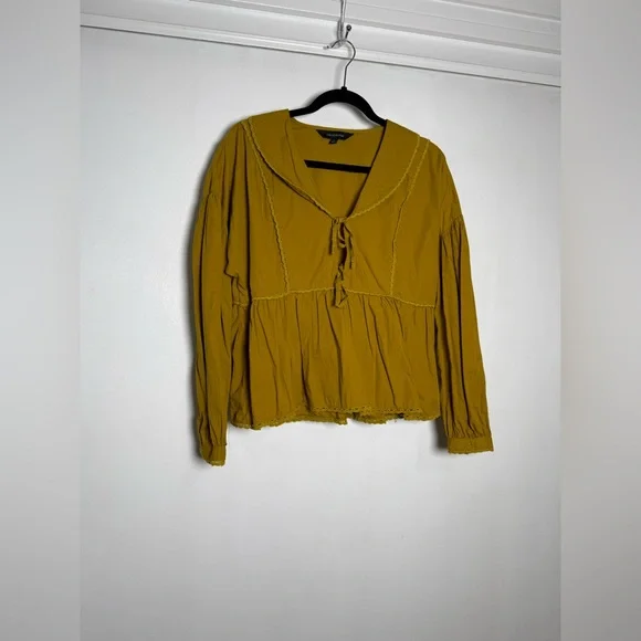 Calligraphie Boho Mustard Lace Trim Tie Front Blouse Size L - Picture 2 of 14